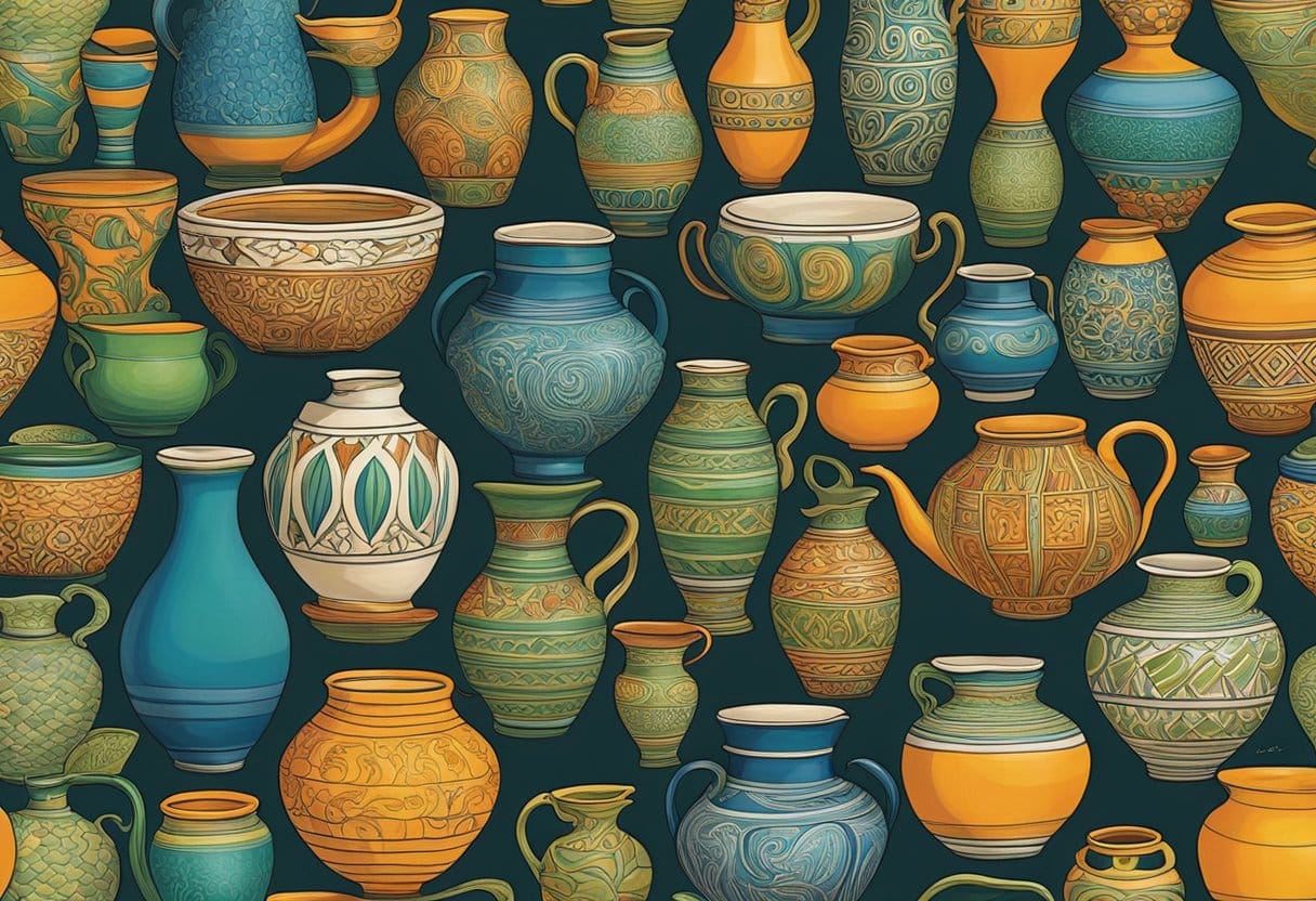 Vibrant colors and intricate designs depict the evolution of Irish pottery, from ancient hand-coiled vessels to modern wheel-thrown pieces