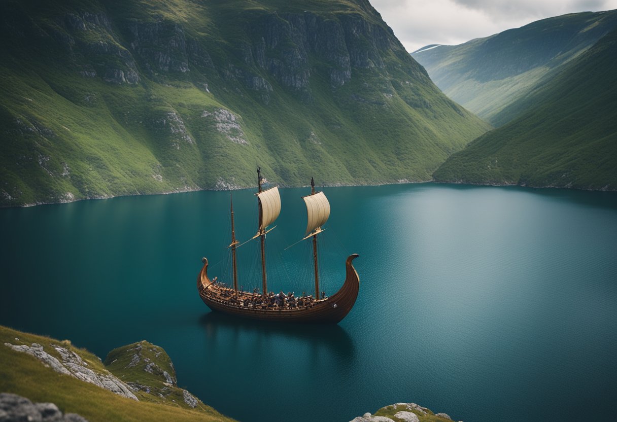 Viking Footprints Across Scandinavia: A Guide to Norse Heritage Landmarks - Viking ships sail through fjords, surrounded by rugged cliffs and ancient rune stones, while Norse symbols adorn the landscape