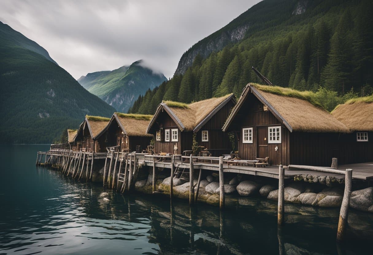 Viking Footprints Across Scandinavia: A Guide to Norse Heritage Landmarks - Viking ships docked at a fjord, surrounded by rugged mountains and dense forests. A small village with thatched roof houses sits at the water's edge