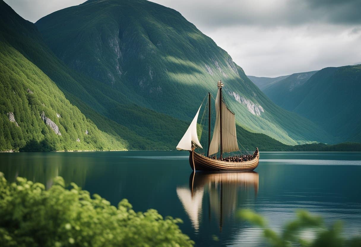 Viking Footprints Across Scandinavia: A Guide to Norse Heritage Landmarks - A Viking longship sails across a fjord, surrounded by lush green mountains and ancient Norse heritage sites in Scandinavia