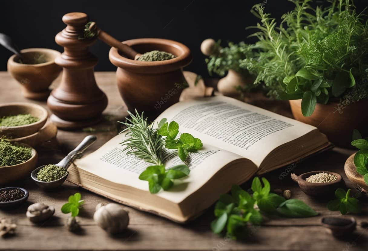 Traditional Irish Herbal Remedies - A table with various herbs and plants, mortar and pestle, and a book on traditional Irish remedies
