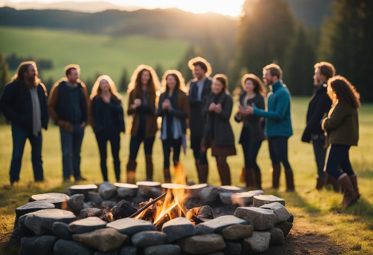 A bonfire blazes at the center of a stone circle, casting a warm glow on revelers dancing and playing music. The flames symbolize the returning light and warmth of the sun during the Celtic solstice celebration