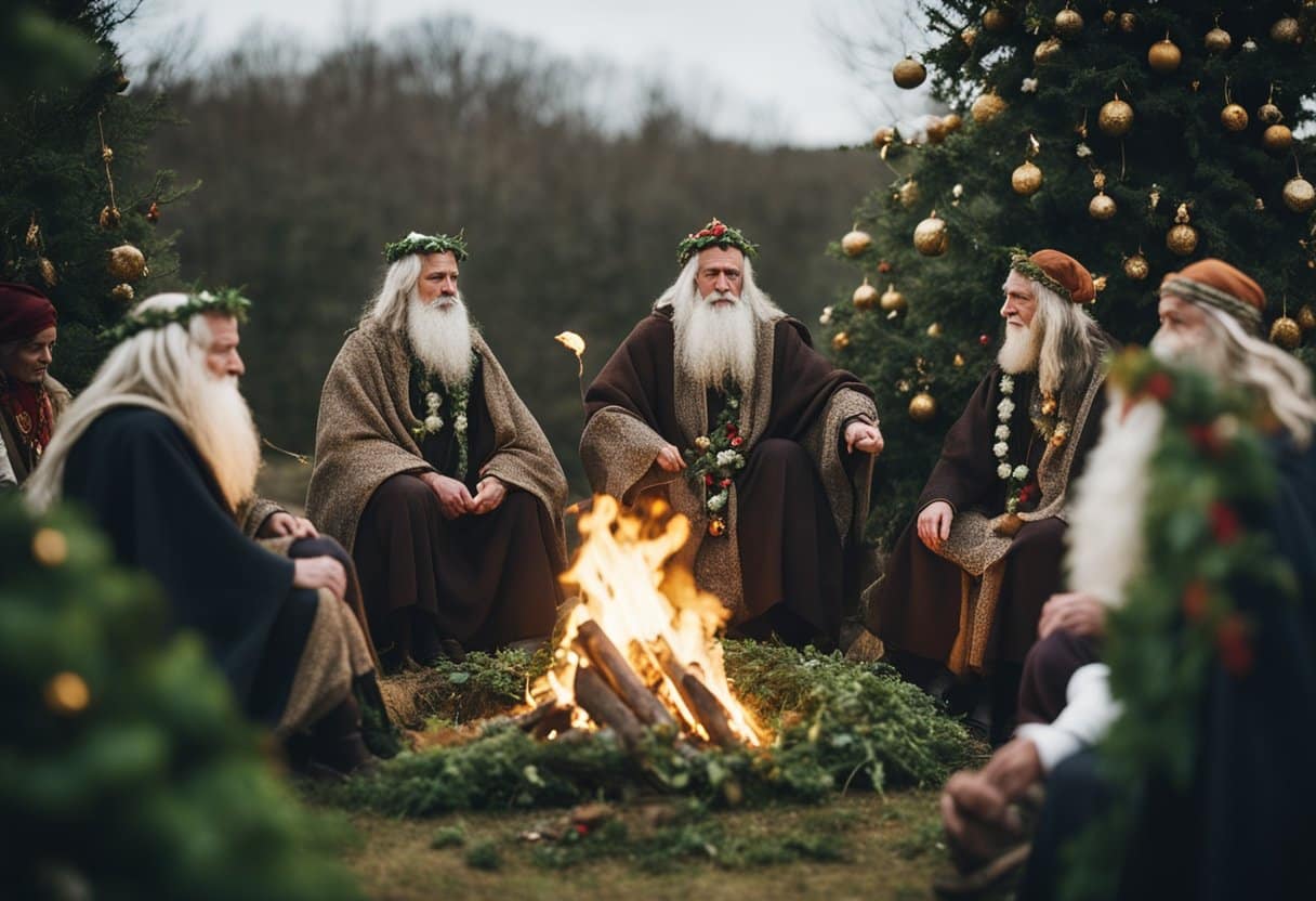 Druids gather around a bonfire, adorned with holly and mistletoe, as they perform ancient rituals to honor the changing of the seasons during the solstice celebration in Celtic tradition