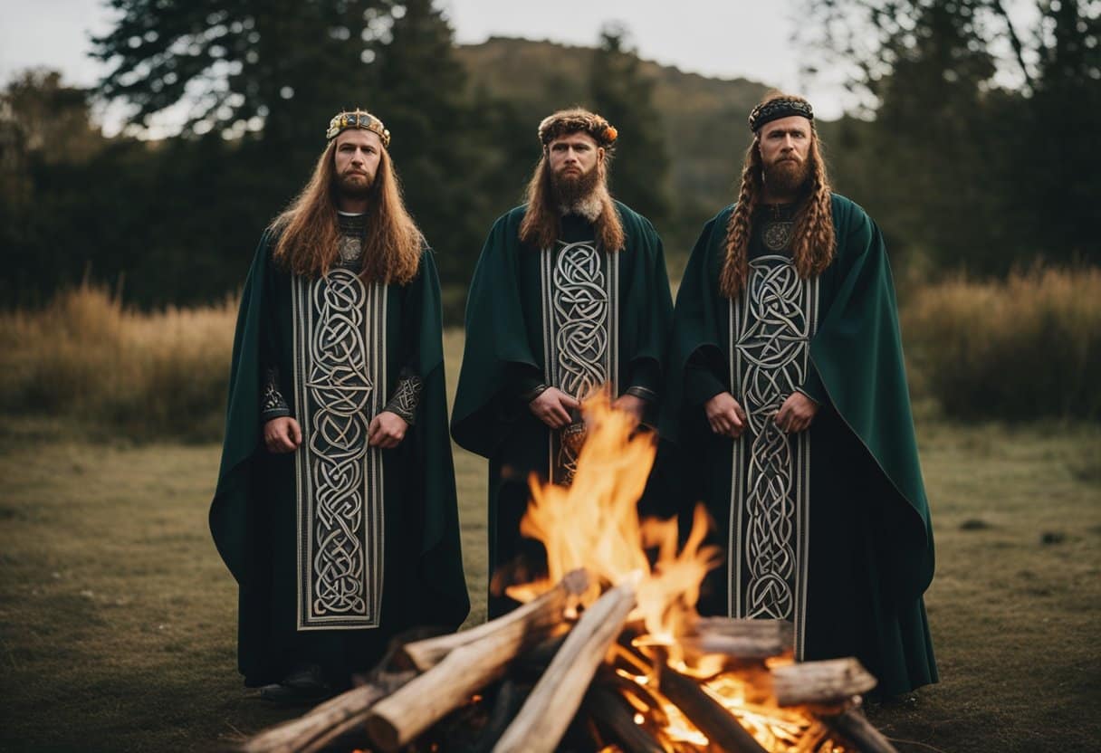 Celtic symbols and bonfires mark the solstice, with druids in ceremonial robes