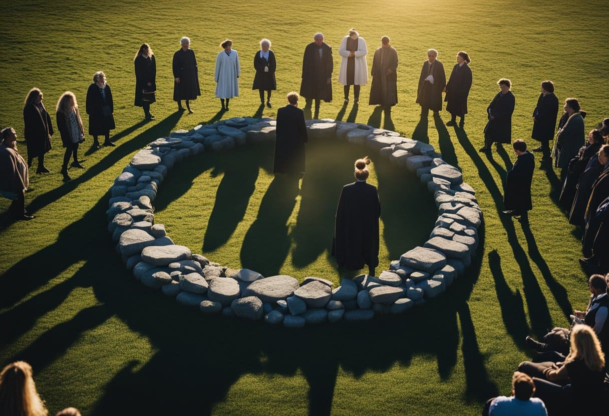 A stone circle with aligned stones casting long shadows at sunset, surrounded by people in Celtic clothing