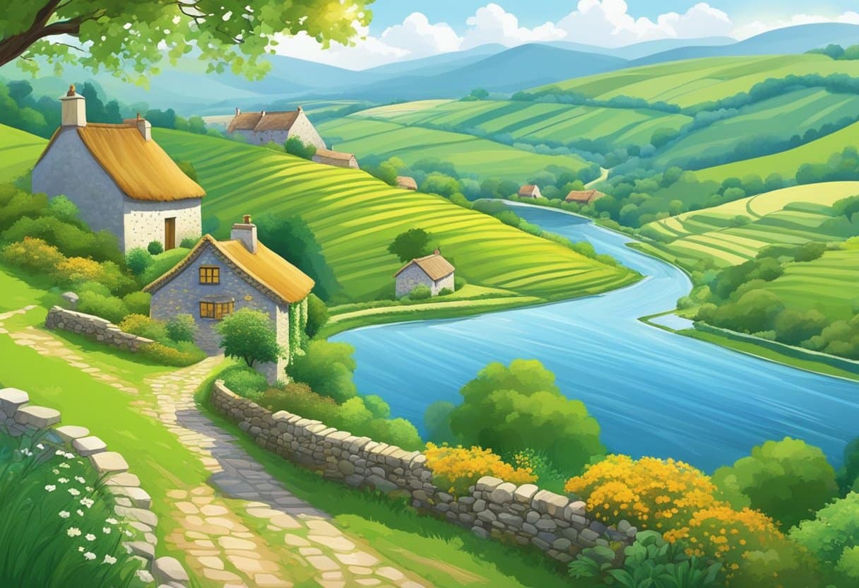 Rolling green hills, dotted with ancient stone walls and charming thatched cottages. A winding river cuts through the landscape, reflecting the vibrant colors of the surrounding flora