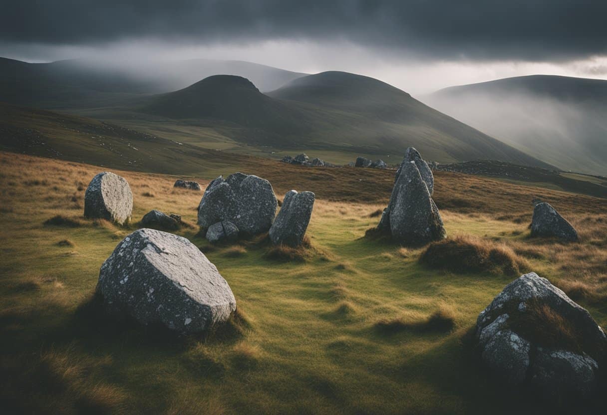 The Legend of the Cailleach - A rugged, windswept landscape with ancient stone circles, mist-shrouded mountains, and a powerful, brooding presence evoking the ancient legend of the Cailleach in Ireland