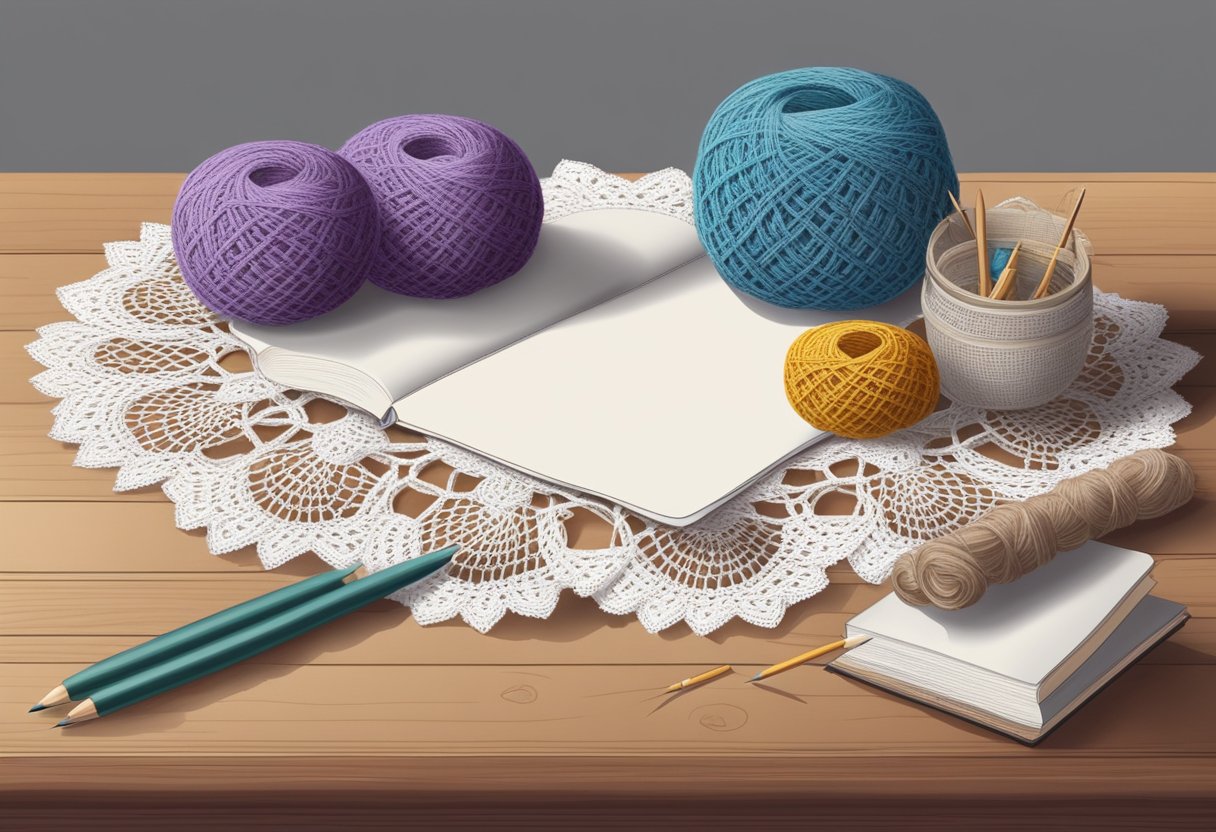 A table with crochet materials, a pattern book, and a delicate lace doily in progress