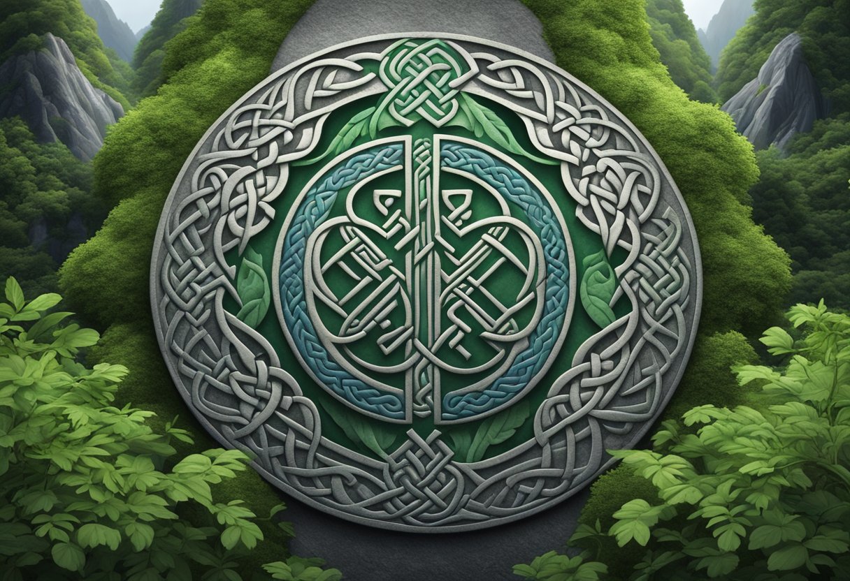 Vibrant Celtic symbols carved into stone, surrounded by lush greenery and misty mountains