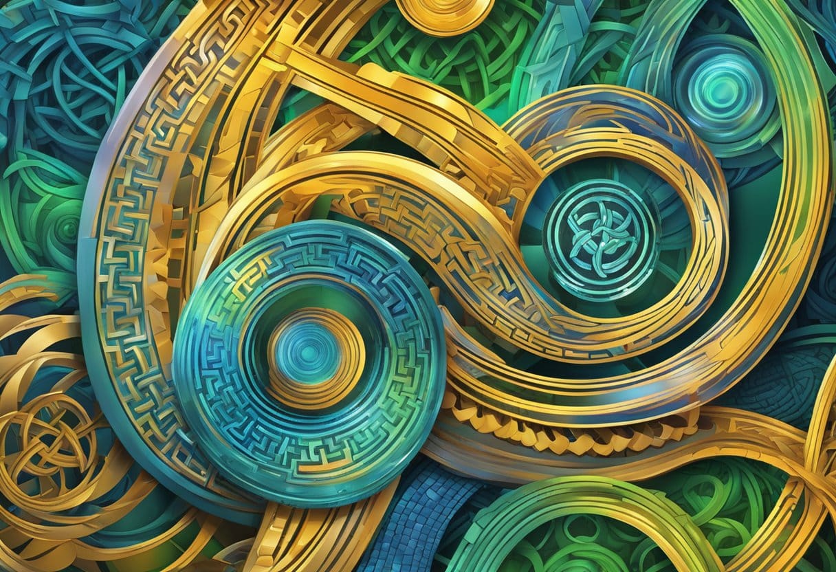 Vibrant Celtic knots and spirals intertwine with modern technology in a digital landscape