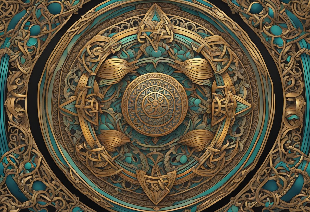 Vibrant colors and intricate knotwork adorn a circular shield, while spirals and geometric patterns decorate a bronze torc