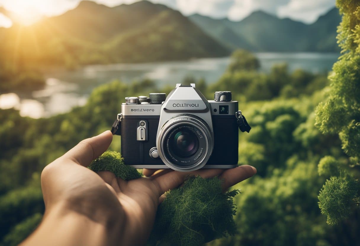 A traveler carefully selects eco-friendly tech gadgets, surrounded by diverse cultural symbols and natural landscapes