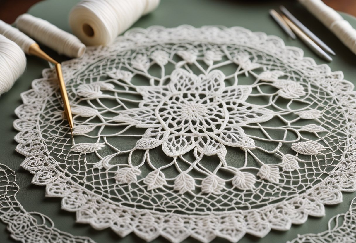 A table adorned with delicate lace patterns, surrounded by spools of thread and intricate crochet hooks. A book open to a page detailing the step-by-step process of creating traditional Irish lace