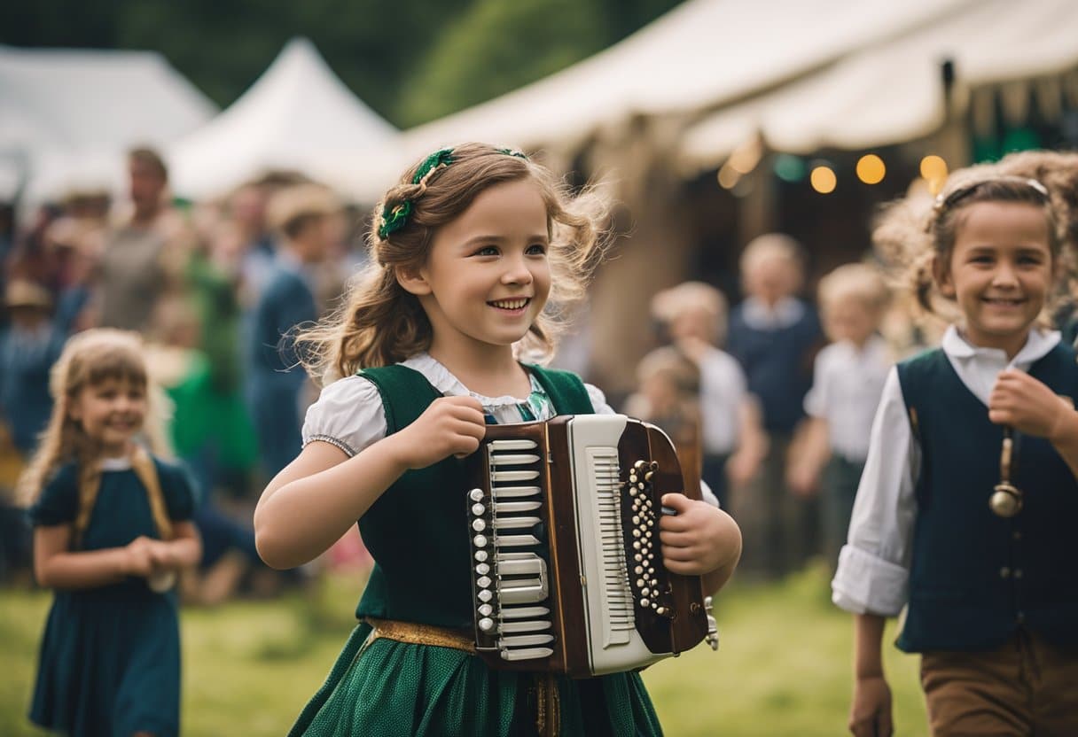 Irish Folklore Festivals - A lively Irish folklore festival with families enjoying traditional music, dance, and storytelling. Educational workshops and interactive exhibits attract tourists