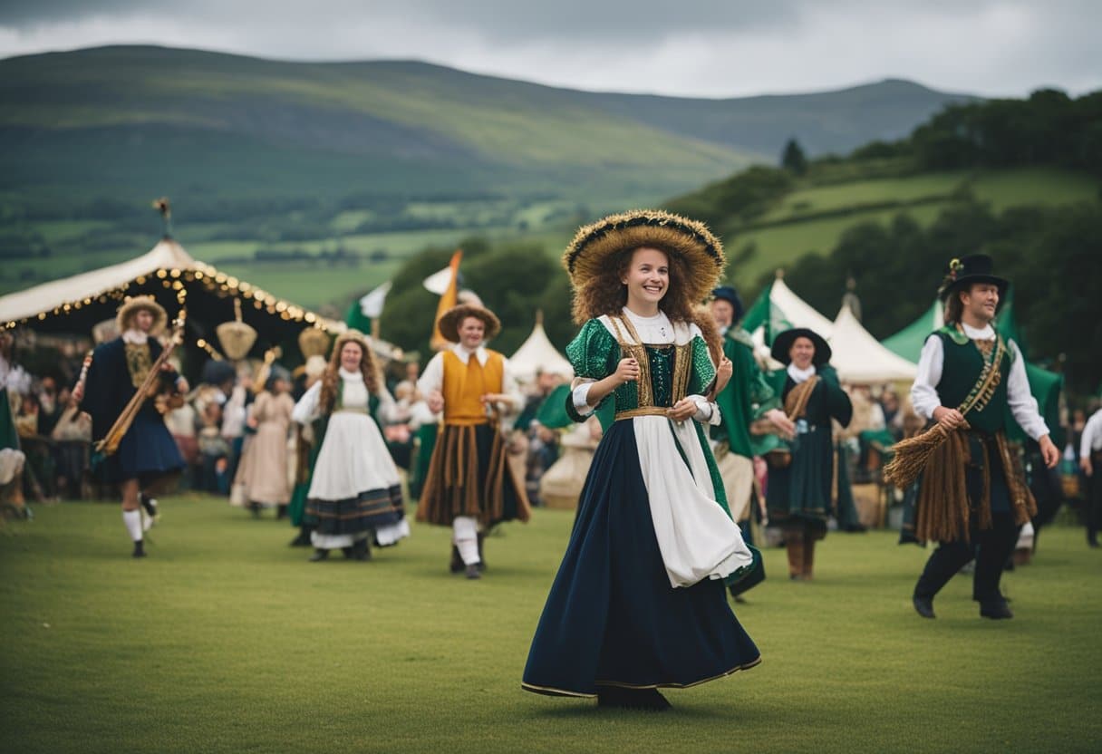 Irish Folklore Festivals - A lively Irish folklore festival with traditional music, dance, and storytelling, surrounded by picturesque landscapes and adorned with vibrant decorations