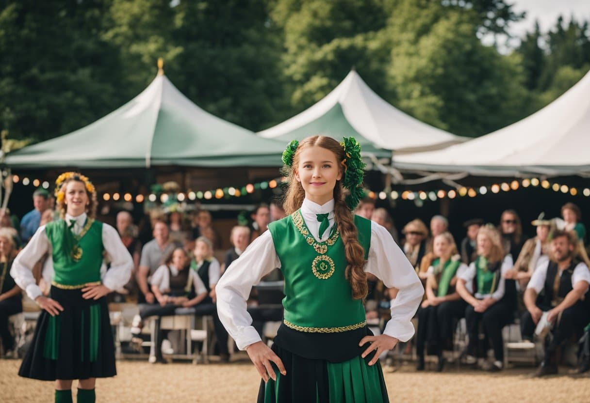 Irish Folklore Festivals - Colorful stage with traditional Irish dancers, musicians, and storytellers performing for a crowd of tourists at a folklore festival