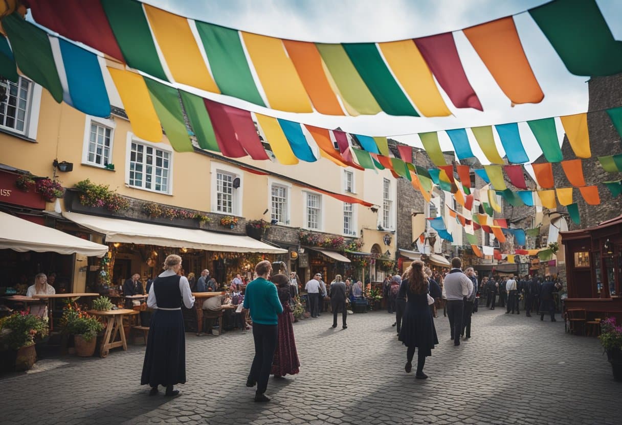 Irish Folklore Festivals - Colorful banners flutter in the breeze above a lively village square, where musicians play traditional Irish tunes and dancers perform intricate folk rituals for eager tourists