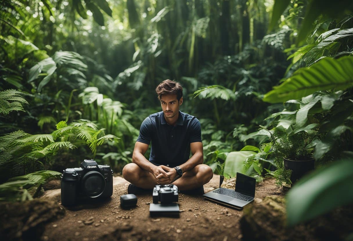 A traveler sits in a lush, culturally diverse environment, surrounded by eco-friendly gadgets that prioritize privacy and data protection