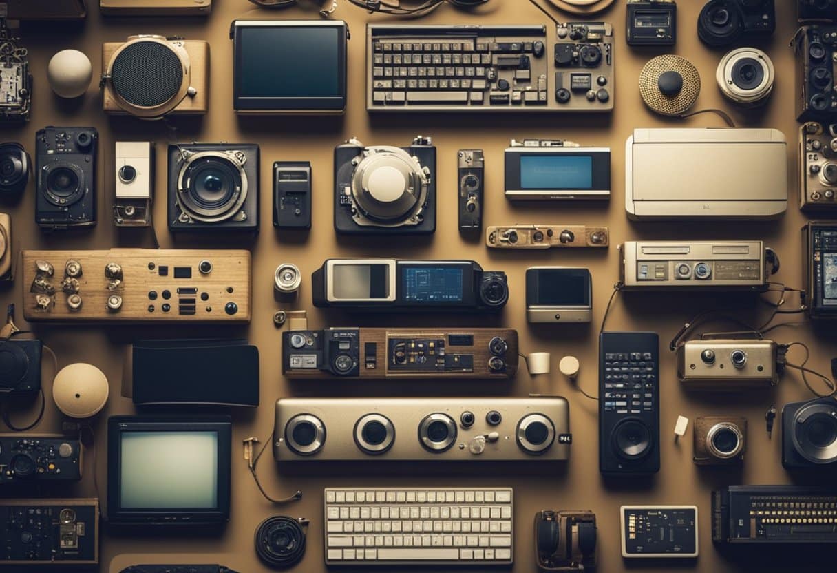 A diverse array of electronic gadgets and cultural symbols coexist in a harmonious environment