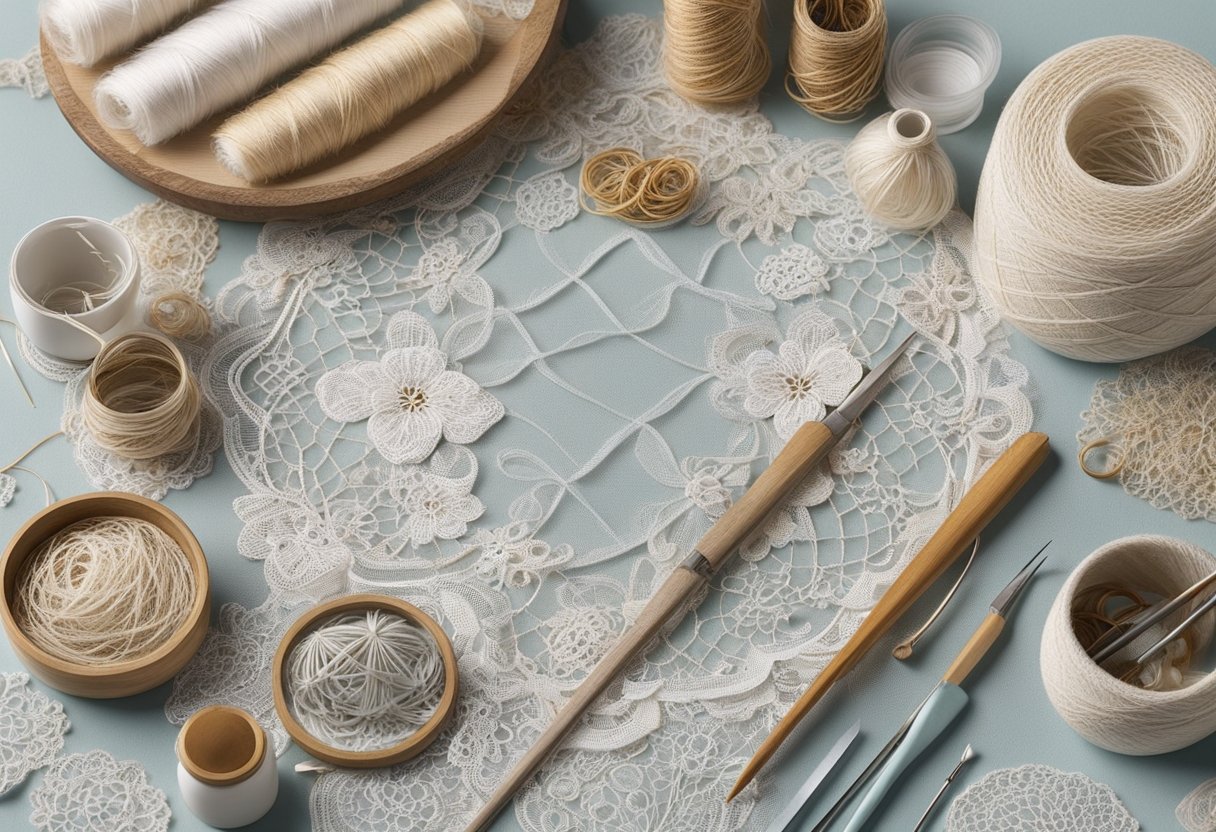 A table with delicate lace-making tools and materials, including fine threads, needles, and intricate lace patterns spread out for a traditional Irish lace-making session