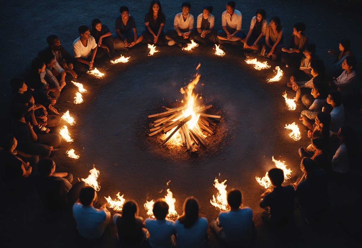 A bonfire burns in the center of a circle of people, surrounded by offerings of food and drink. The air is filled with the sound of chanting and the scent of herbs and incense