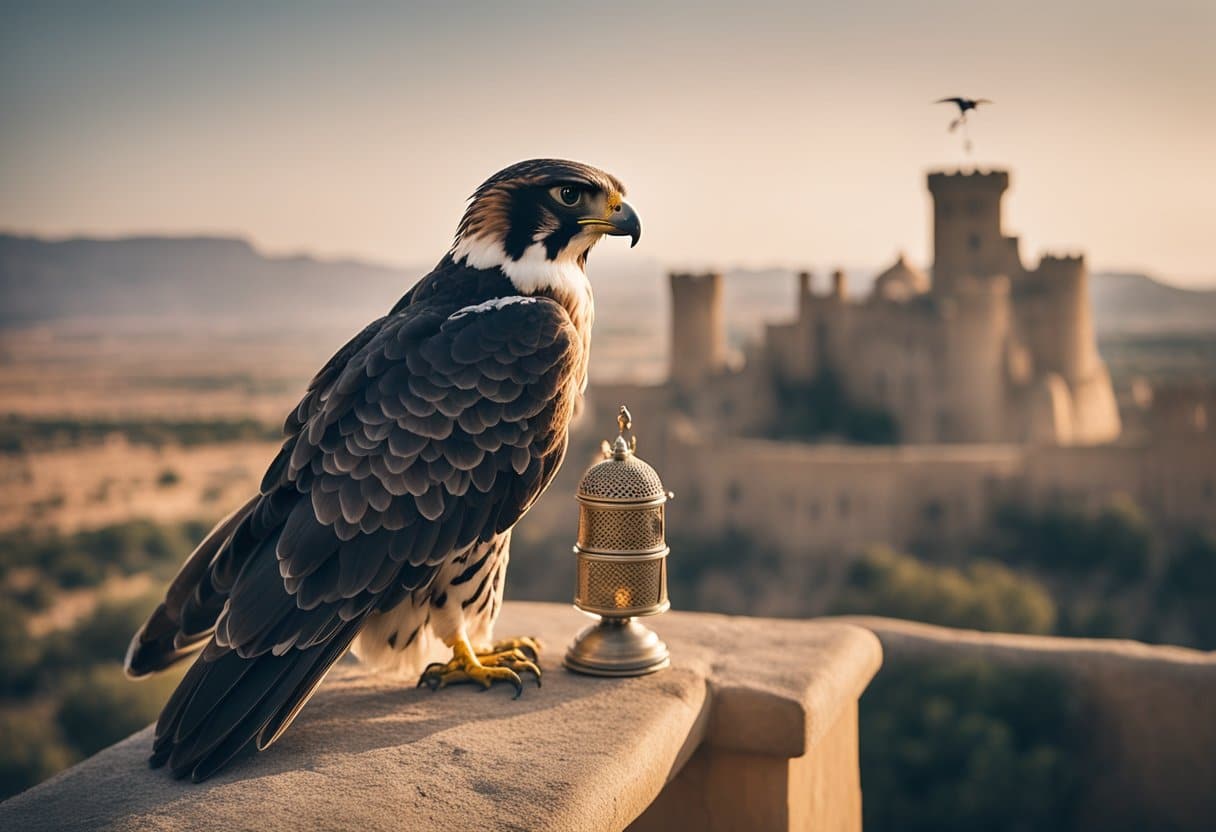 A falcon perched on a gloved hand, with a traditional falconry hood and bells, surrounded by desert landscape and a medieval European castle in the background