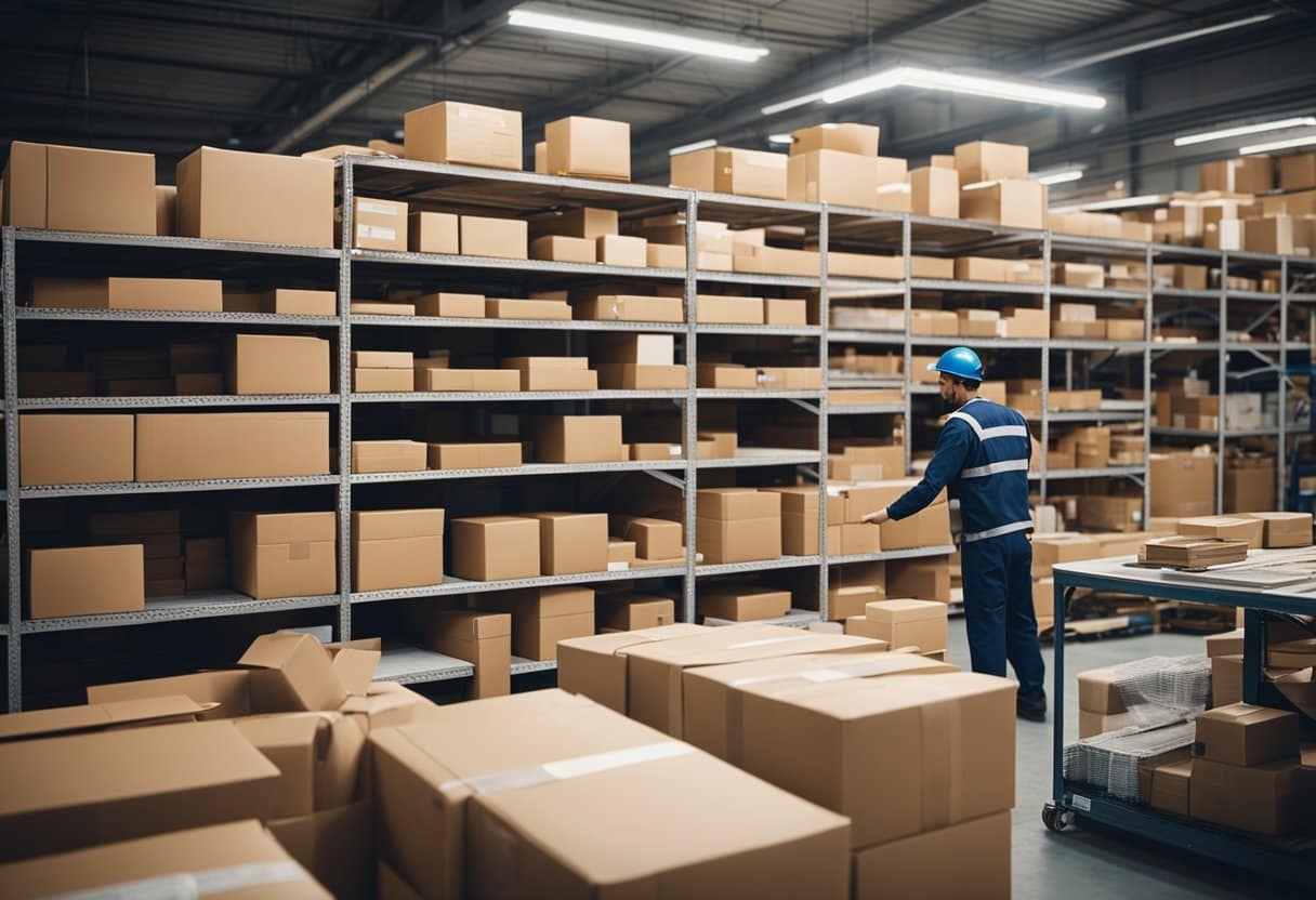 A bustling warehouse with shelves of diverse products, from handmade crafts to modern gadgets. Workers efficiently package and label items for shipping