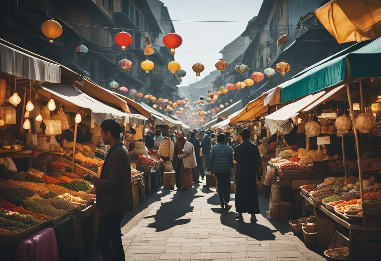 A bustling marketplace with diverse cultural products on display, from traditional crafts to modern gadgets. Brightly colored stalls line the streets, with vendors showcasing their unique wares to a crowd of eager shoppers