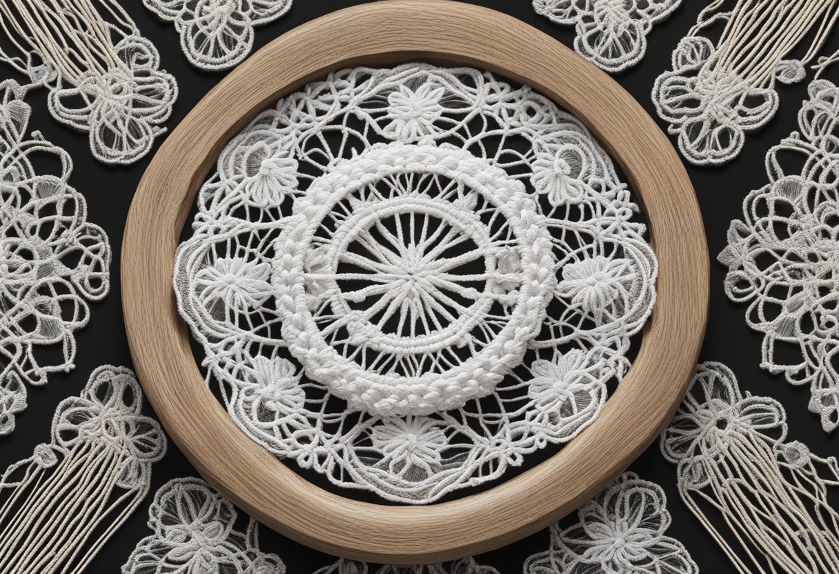 White thread weaves through intricate patterns on a wooden bobbin. Pins secure the lace as it takes shape on a cushion