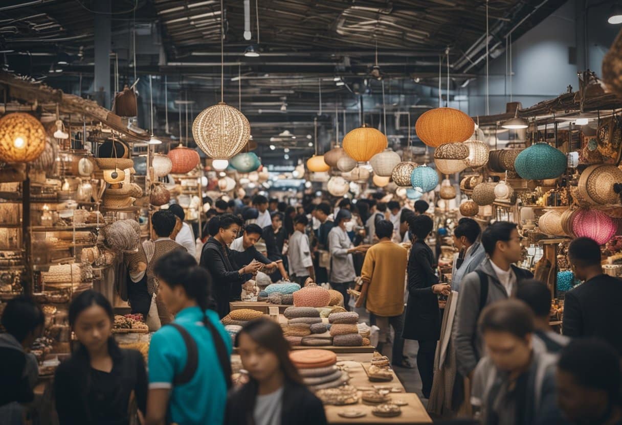 A bustling marketplace filled with colorful crafts and modern gadgets, showcasing the diversity of cultural products. Booths are adorned with intricate designs and innovative technology, drawing in a crowd of curious onlookers
