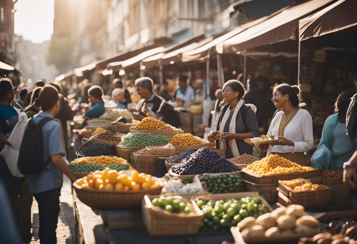 A bustling marketplace with diverse cultural products, from handmade crafts to innovative gadgets. Vendors and customers mingle, creating a vibrant community atmosphere