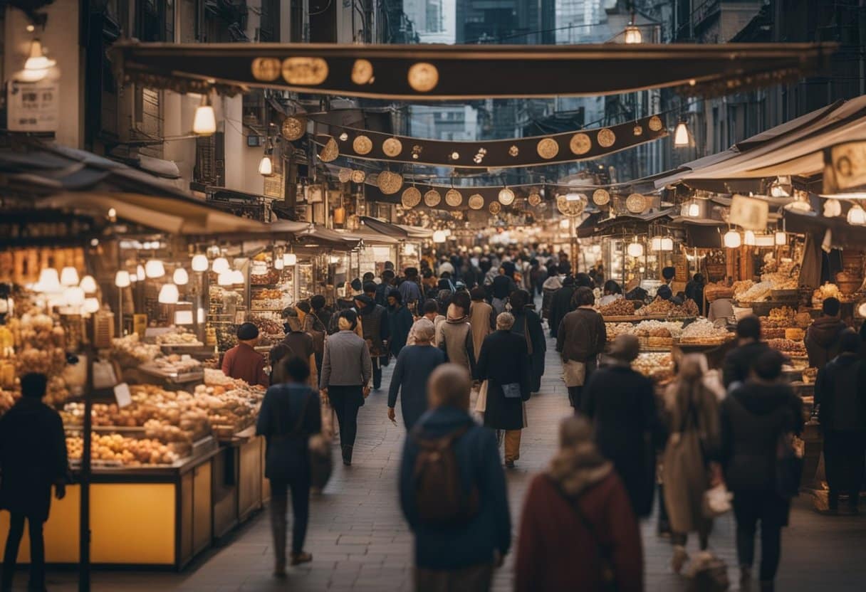 A bustling marketplace with diverse cultural products on display. Customers browsing, vendors engaging, and a lively atmosphere