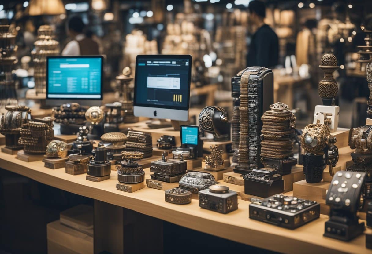 A diverse array of crafts and gadgets are displayed in a bustling marketplace, with digital resources and data being utilized to facilitate transactions