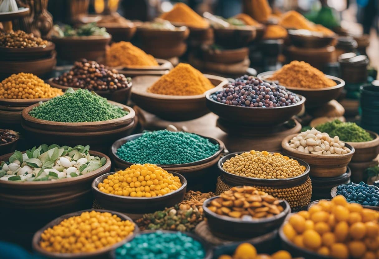 A bustling marketplace with diverse cultural crafts and gadgets, all displayed with eco-friendly and ethical practices in mind. The scene is vibrant and colorful, with a focus on sustainability and cultural diversity