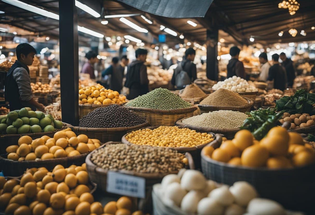A bustling marketplace with diverse cultural products on display, from traditional crafts to modern gadgets. Customers and vendors engage in lively transactions, while pricing strategies are being optimized