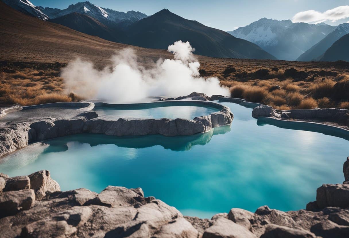 Hot Springs of Iceland and Japan: Steam rises from the vibrant blue pools, surrounded by rugged terrain and snow-capped mountains. The contrast of the hot springs against the cool landscape creates a stunning geothermal wonderland