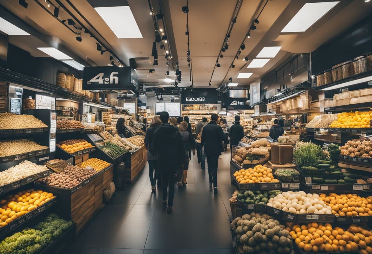 A bustling marketplace with diverse products on display. Crafts, gadgets, and cultural items are showcased. Bright signage and engaging displays draw in customers