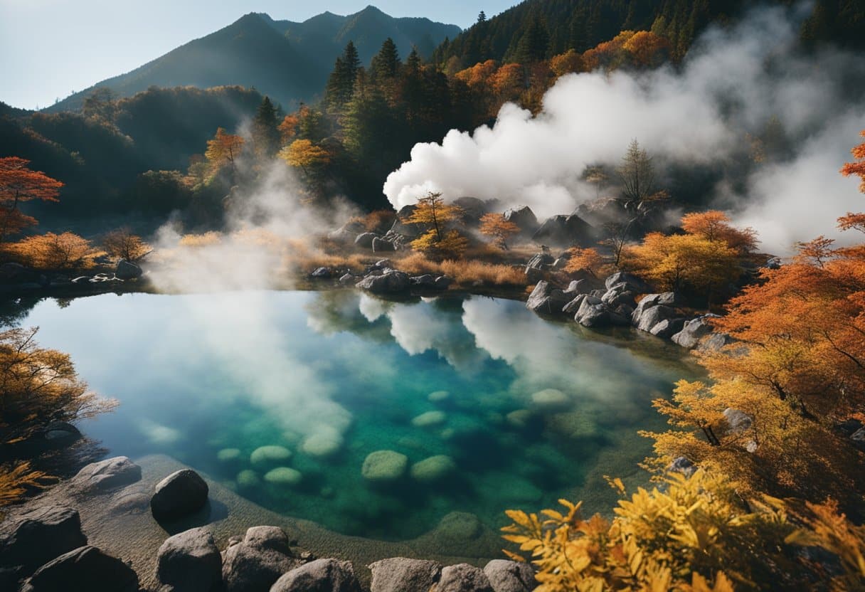 Hot Springs of Iceland and Japan: Steam rises from the serene, crystal-clear waters of the Japanese hot springs, surrounded by lush greenery and colorful autumn leaves. Volcanic rocks and earthy tones create a tranquil geothermal wonderland