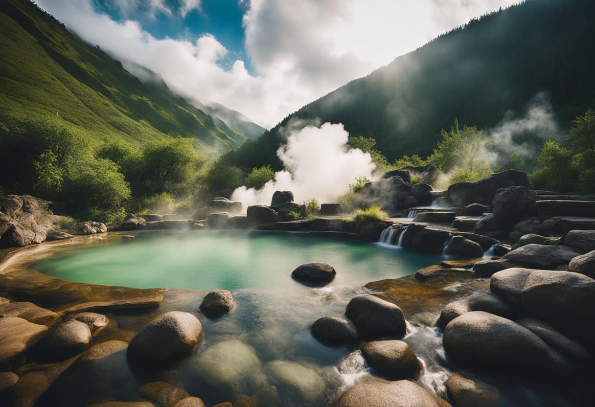 Hot Springs of Iceland and Japan: Steam rises from the bubbling hot springs, surrounded by lush greenery and rocky formations. The soothing warmth and mineral-rich waters create a tranquil and rejuvenating atmosphere