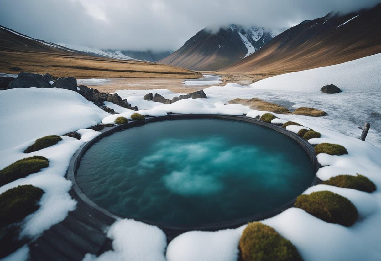 Hot Springs of Iceland and Japan: A bubbling hot spring in Iceland steams against a backdrop of snowy mountains, while in Japan, a serene pool of geothermal water is surrounded by lush greenery