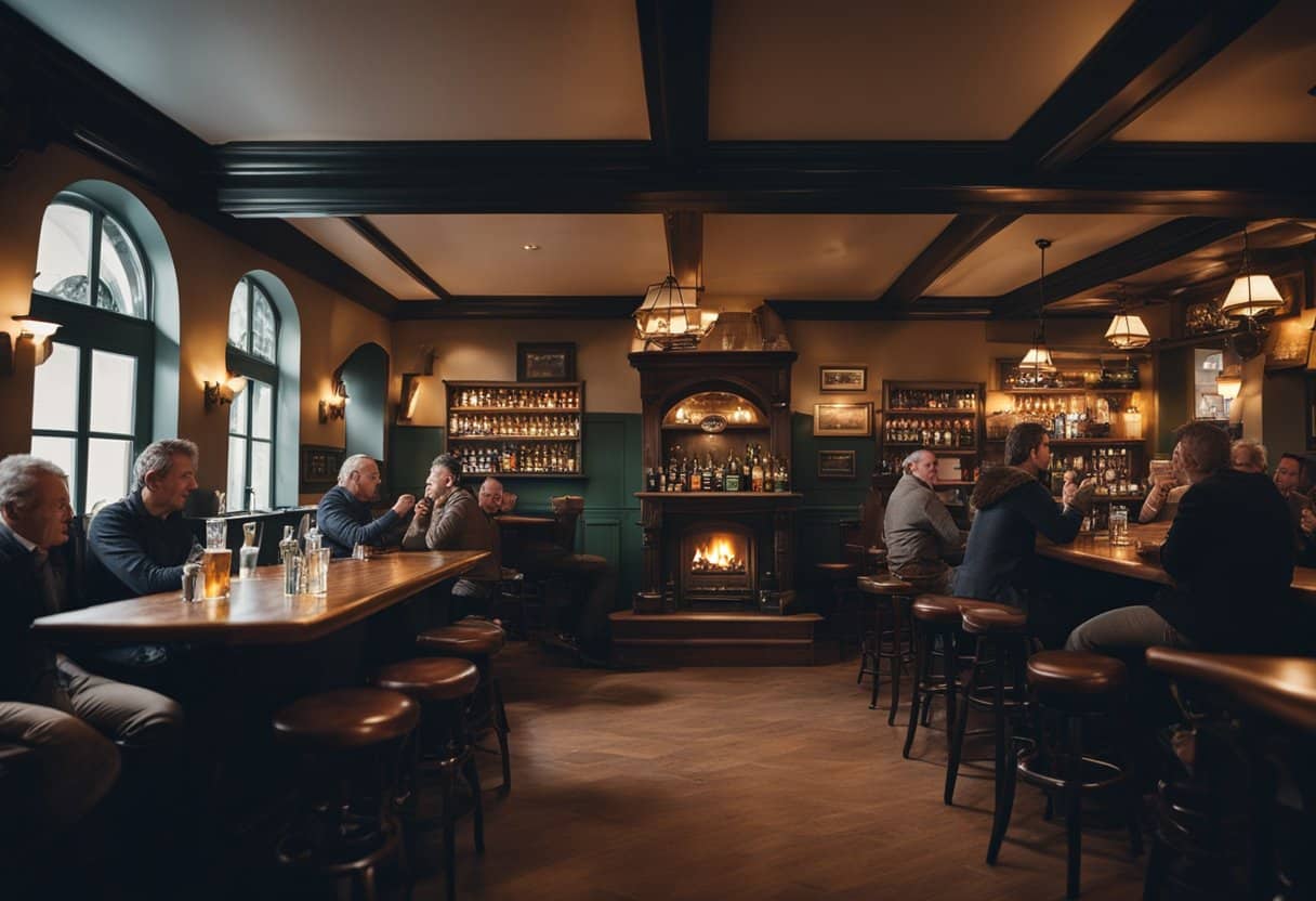 A cozy Irish pub with a roaring fire, where a storyteller captivates the audience with animated gestures and expressive facial expressions