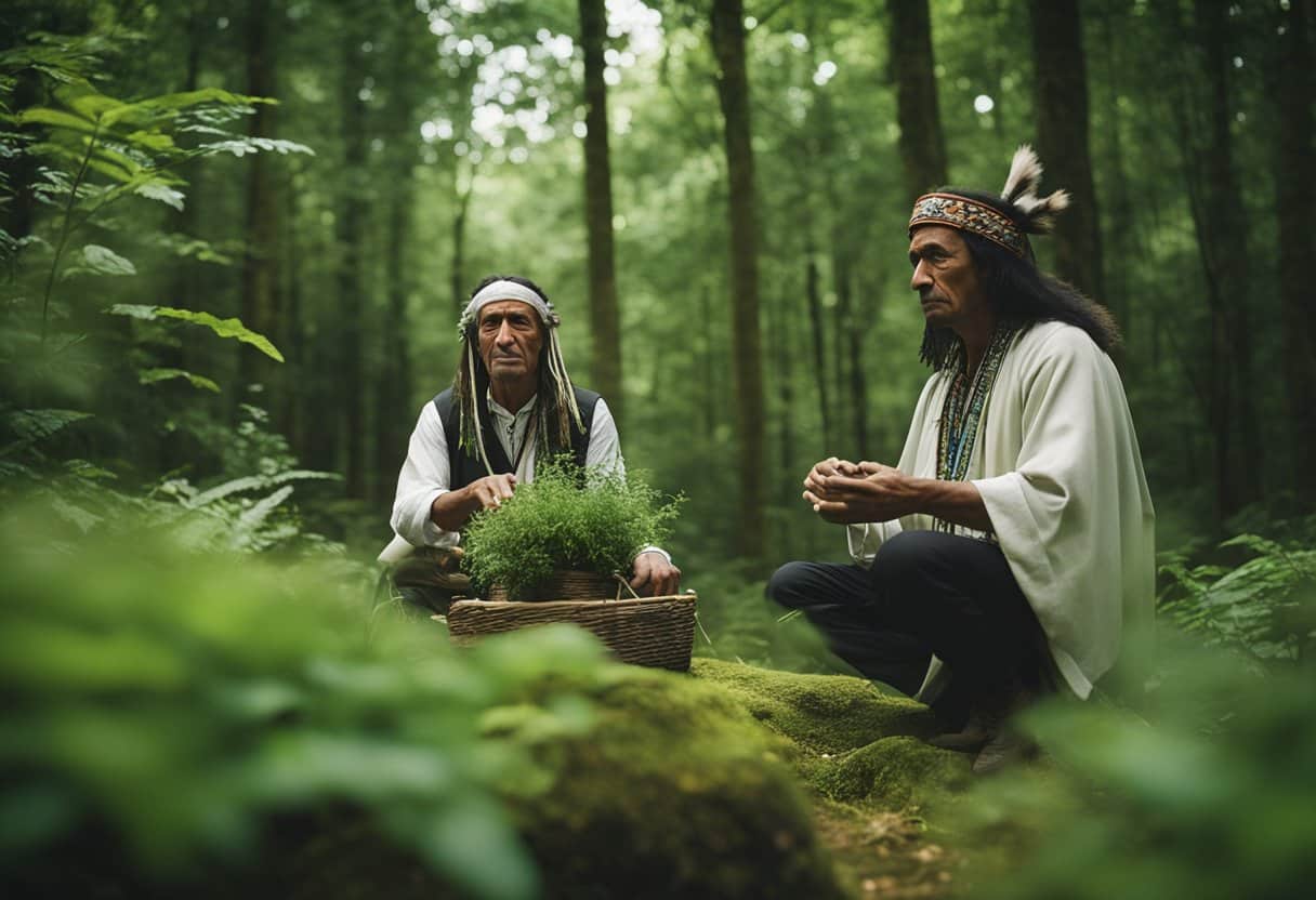 Healing Customs: A traditional Irish healer gathers herbs in a lush green countryside, while a Native American shaman performs a smudging ceremony in a serene forest clearing