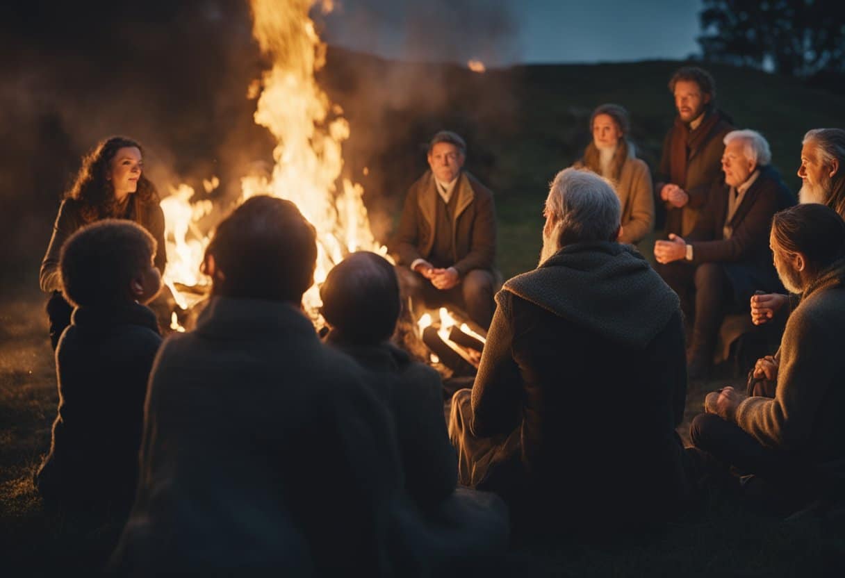 A group of people gather around a flickering fire, captivated by the animated gestures and expressive voices of a storyteller. The atmosphere is filled with anticipation and reverence for the ancient Irish oral storytelling tradition