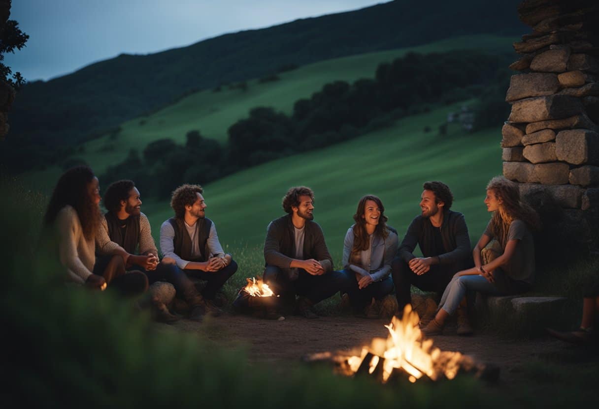 A group of people gather around a flickering campfire, surrounded by rolling green hills and ancient stone ruins. The storyteller's voice fills the night air, weaving tales of heroes and magic
