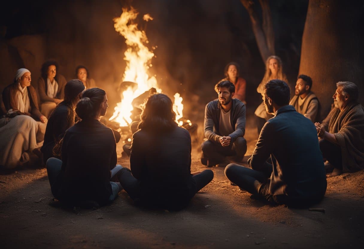 A group of people sit around a flickering fire, captivated by a storyteller's animated gestures and expressive face as he recounts ancient tales