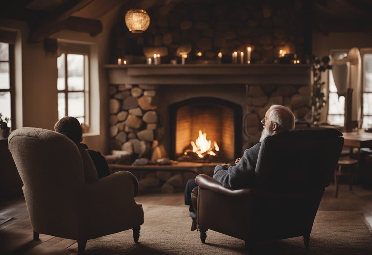 A cozy, dimly lit room with a crackling fire in the hearth. A storyteller sits in a worn armchair, surrounded by eager listeners