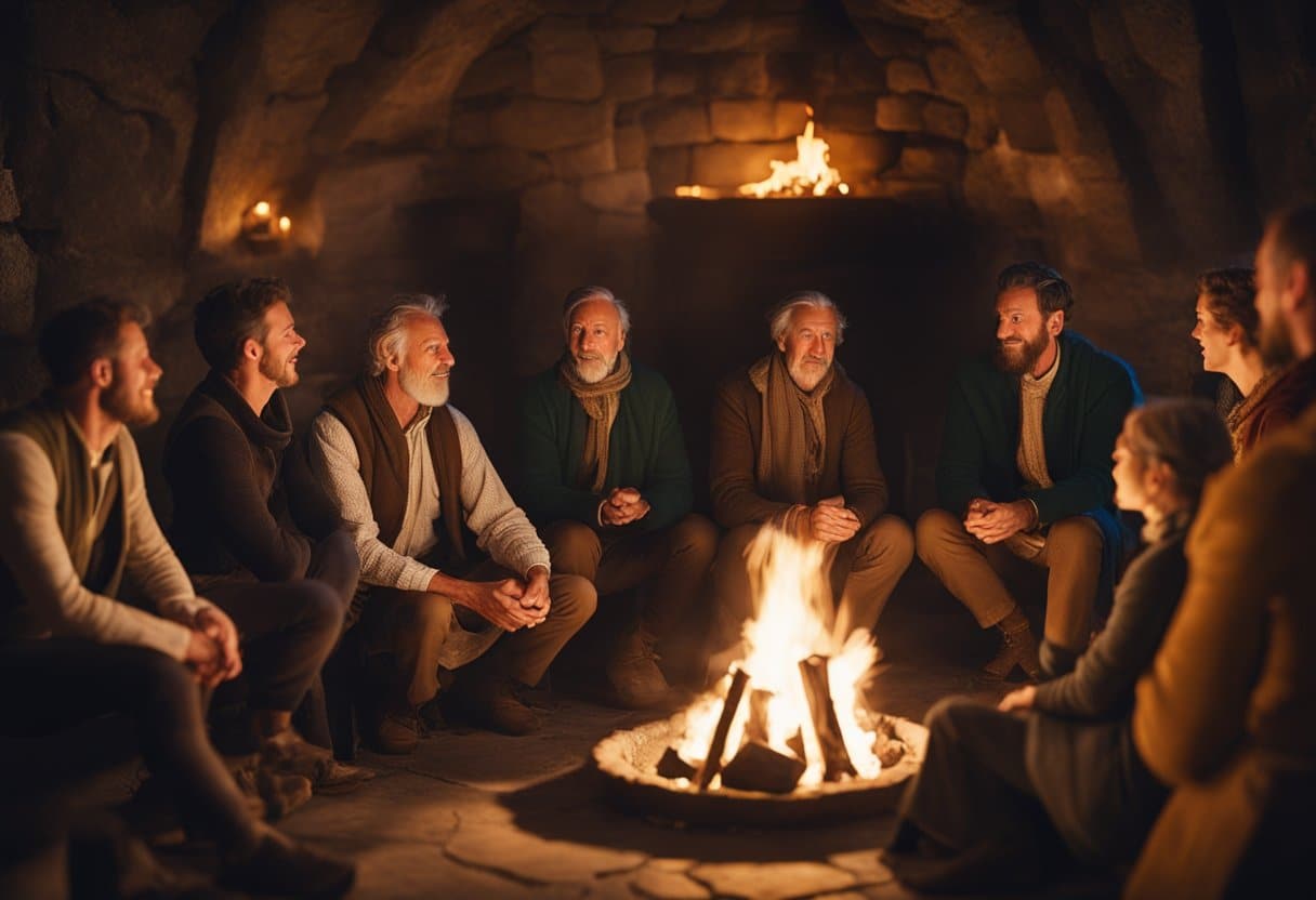 A storyteller sits by a flickering fire, surrounded by eager listeners. Their faces are illuminated by the warm glow as the storyteller weaves tales of ancient Ireland