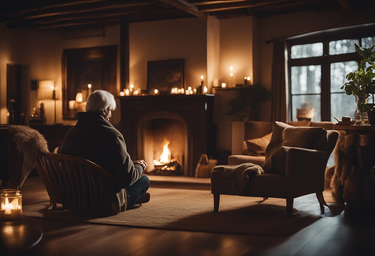 A cozy, dimly lit room with a crackling fire, where an older storyteller captivates an audience with animated gestures and expressive storytelling