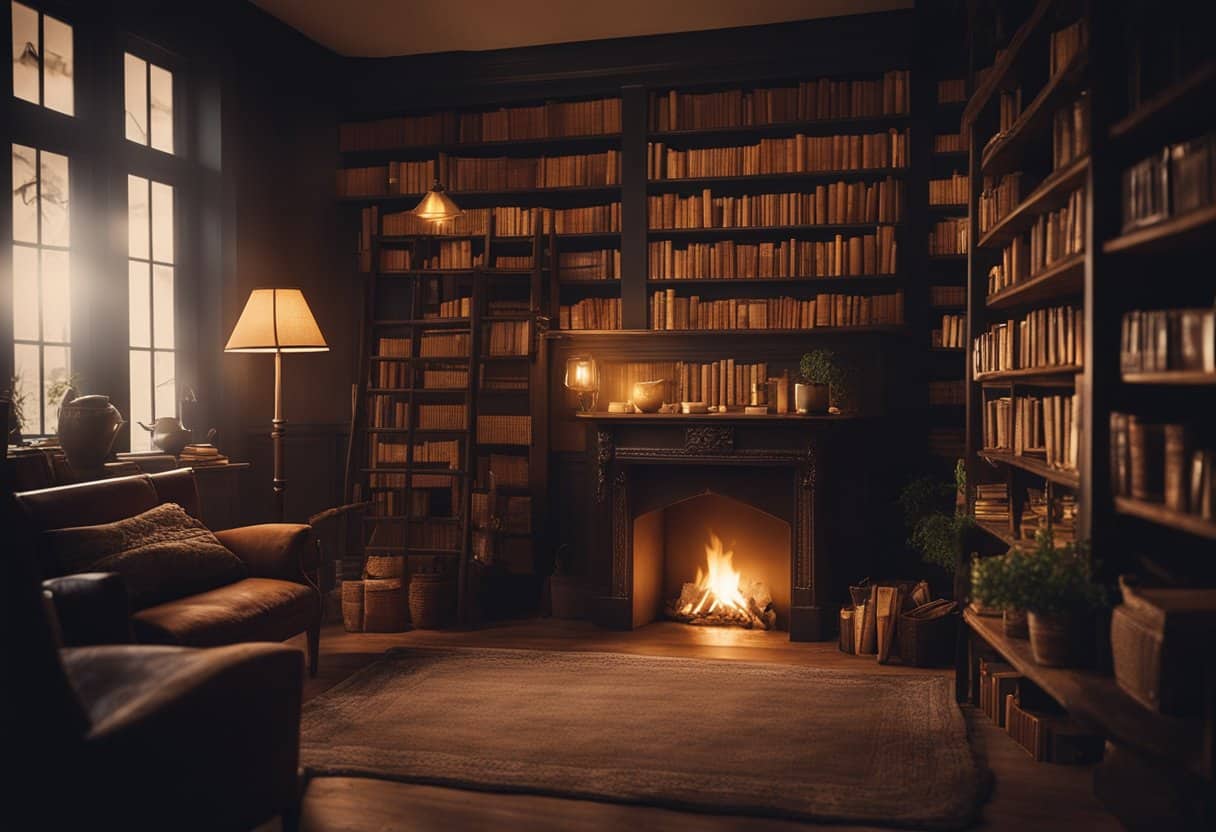 A cozy, dimly lit room with a crackling fire, shelves lined with old books, and a storyteller captivating an audience with animated gestures and expressive facial expressions