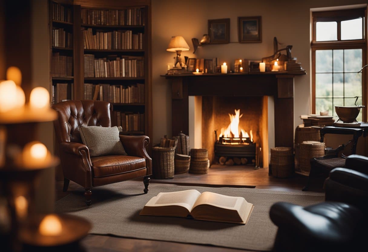 A cozy Irish cottage with a roaring fire, shelves filled with old books, and a storyteller's chair in the center of the room